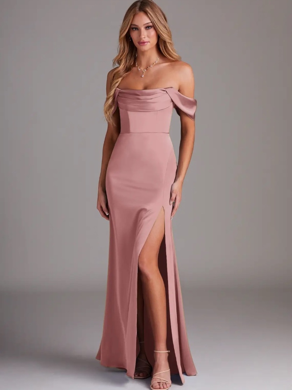 Azazie Saige Stretch Dusty Rose Sheath Off the Shoulder Stretch Satin Dress